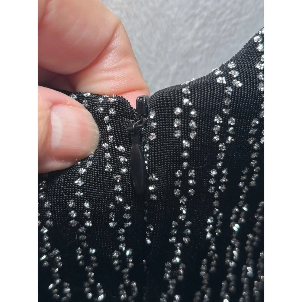 Alex Evenings Beaded‎ Formal Gown Size 12 Black Silver Spaghetti Strap Maxi